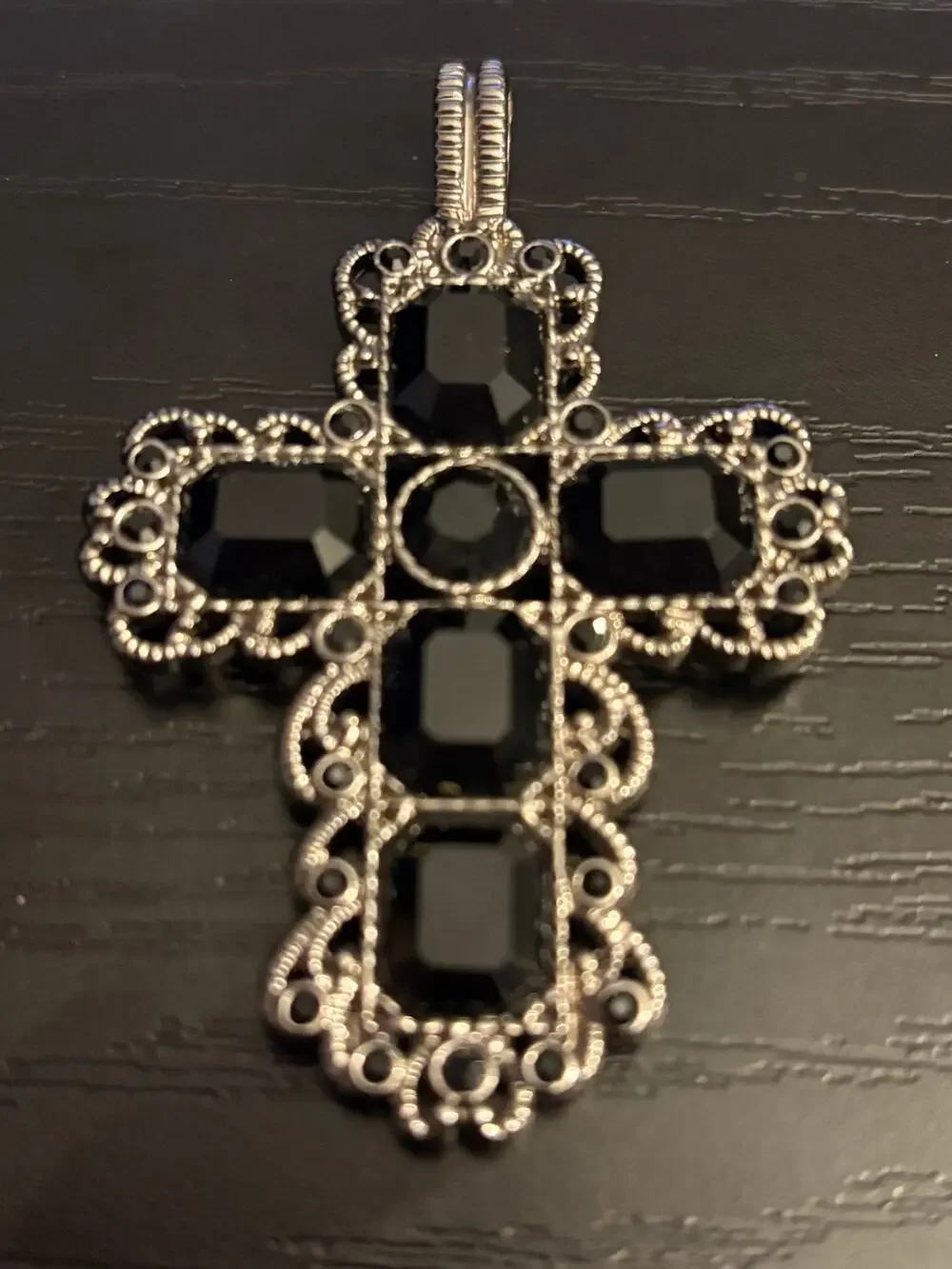 Vintage large Black Rhinestone Cross Pendant Silver Tone
